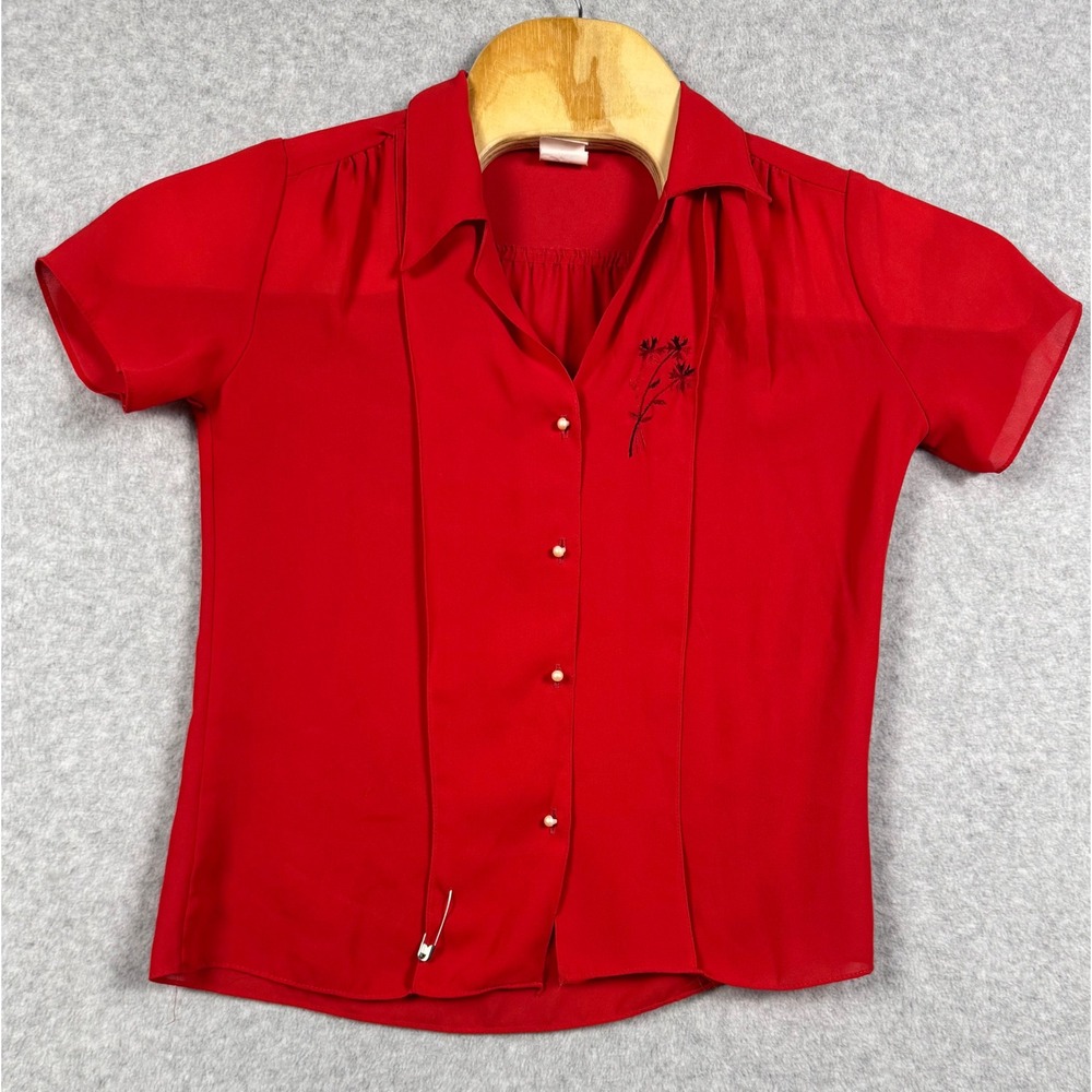 Vintage Blouse Womens 12 Red Floral Embroidery Short Sleeve Button Up